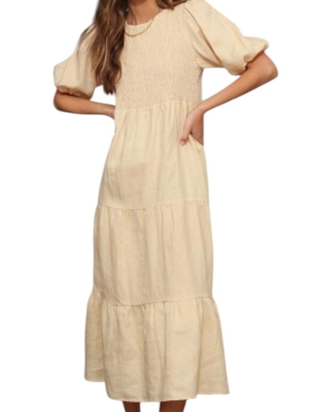 Faithful the Brand Alberte Linen Tiered Midi Dress, Sand, US 8